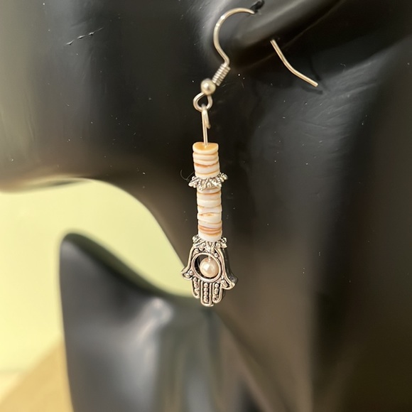 Handmade 🪬 Hamsa Charm & Shell Dangle Earrings - Picture 2 of 5